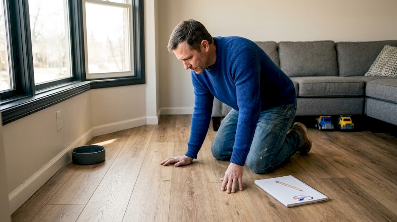 Homeowner checks durable laminate floor seams