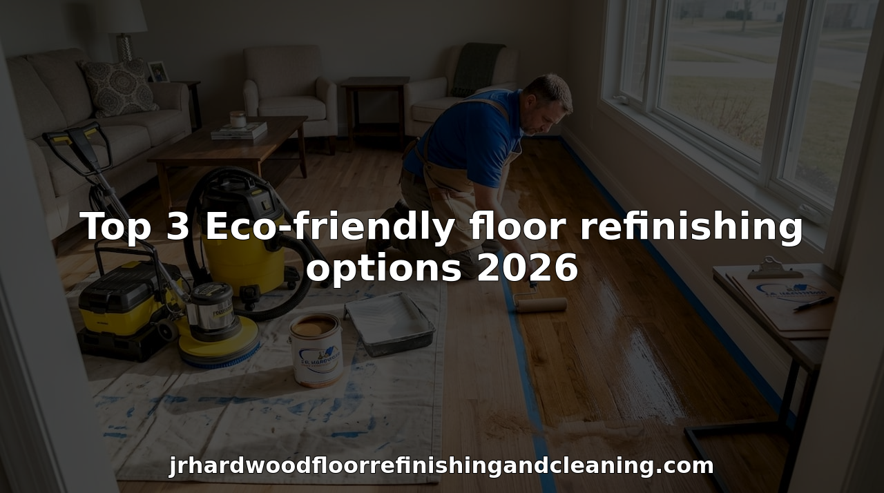 Specialist refinishing hardwood floor in sunlit living room