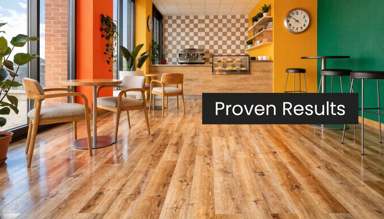 A modern cafe interior featuring wooden flooring with tables and chairs near a large window.