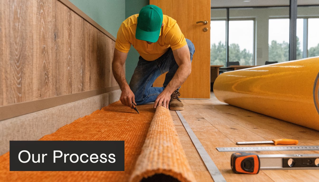 A professional flooring installer in a uniform kneeling down to cut orange carpet material with a utility knife.