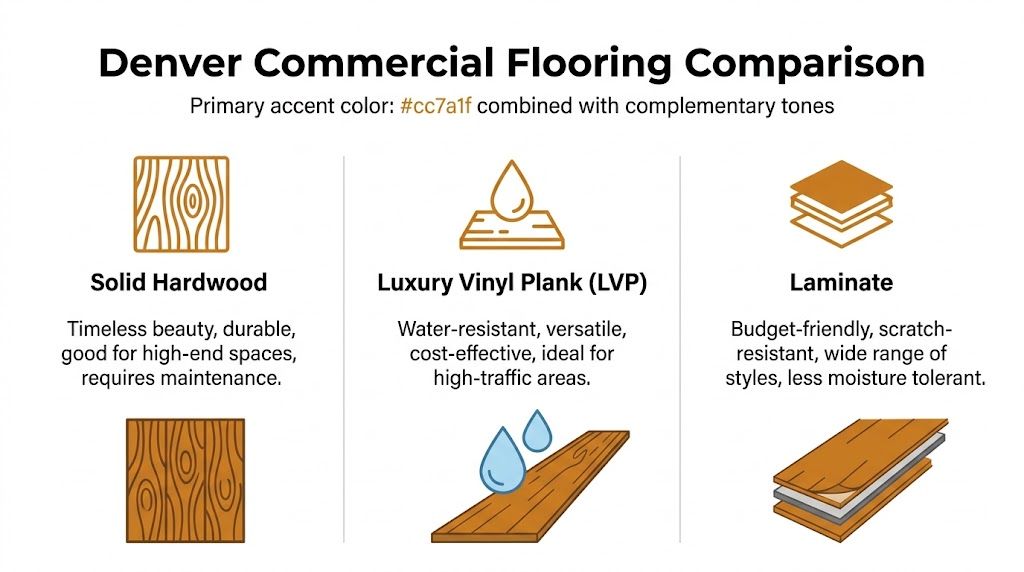 A comparison chart of commercial flooring options featuring solid hardwood, luxury vinyl plank, and laminate flooring types.