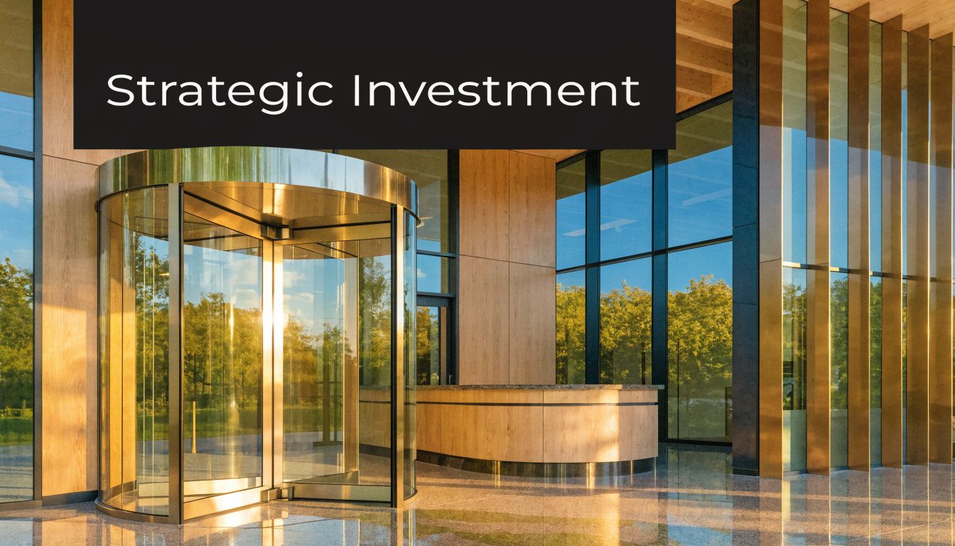 A modern building entrance with a revolving glass door and warm wood paneled interior lobby.