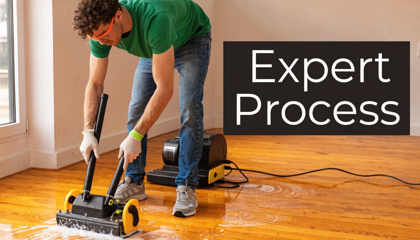 A professional cleaner using a specialized floor scrubbing machine to deep clean shiny hardwood flooring.