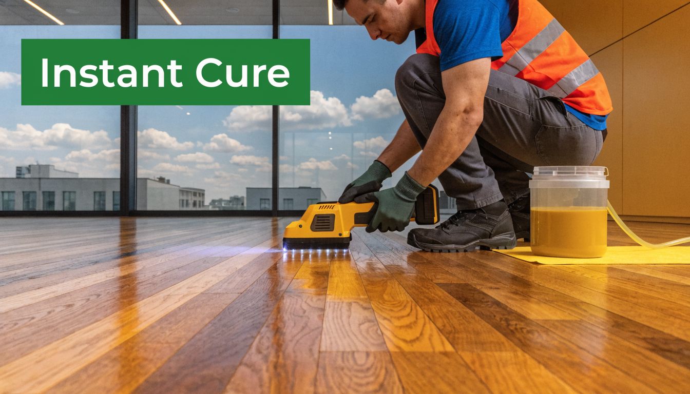 A professional technician using a specialized UV curing tool to instantly harden finish on hardwood flooring.