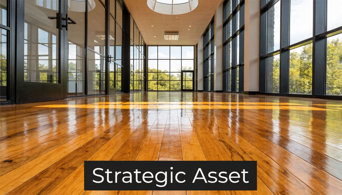 A brightly lit office corridor with polished hardwood floors and large glass walls overlooking green trees.