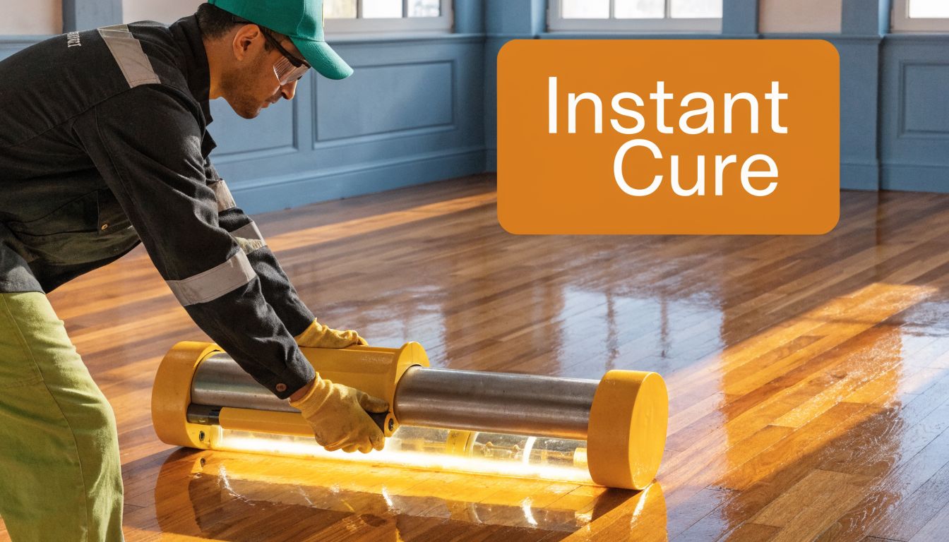 A professional flooring technician uses a specialized UV light curing machine on finished hardwood flooring.