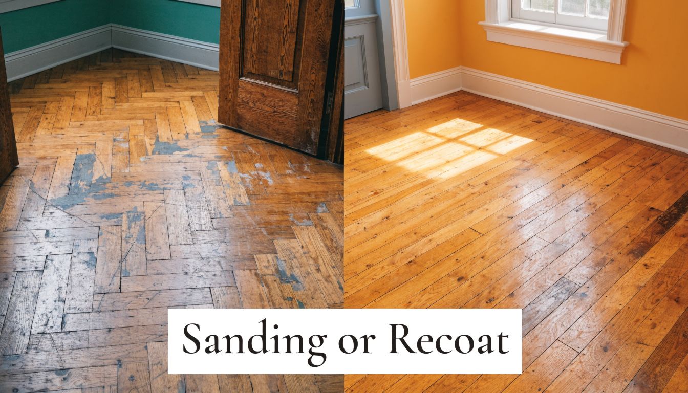 A split image showing a damaged herringbone wood floor before and after professional refinishing services.