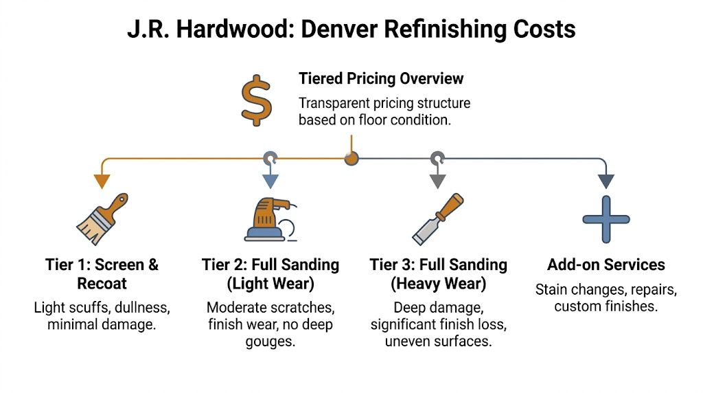A diagram outlining J.R. Hardwood tiered pricing for floor refinishing services in Denver based on condition.