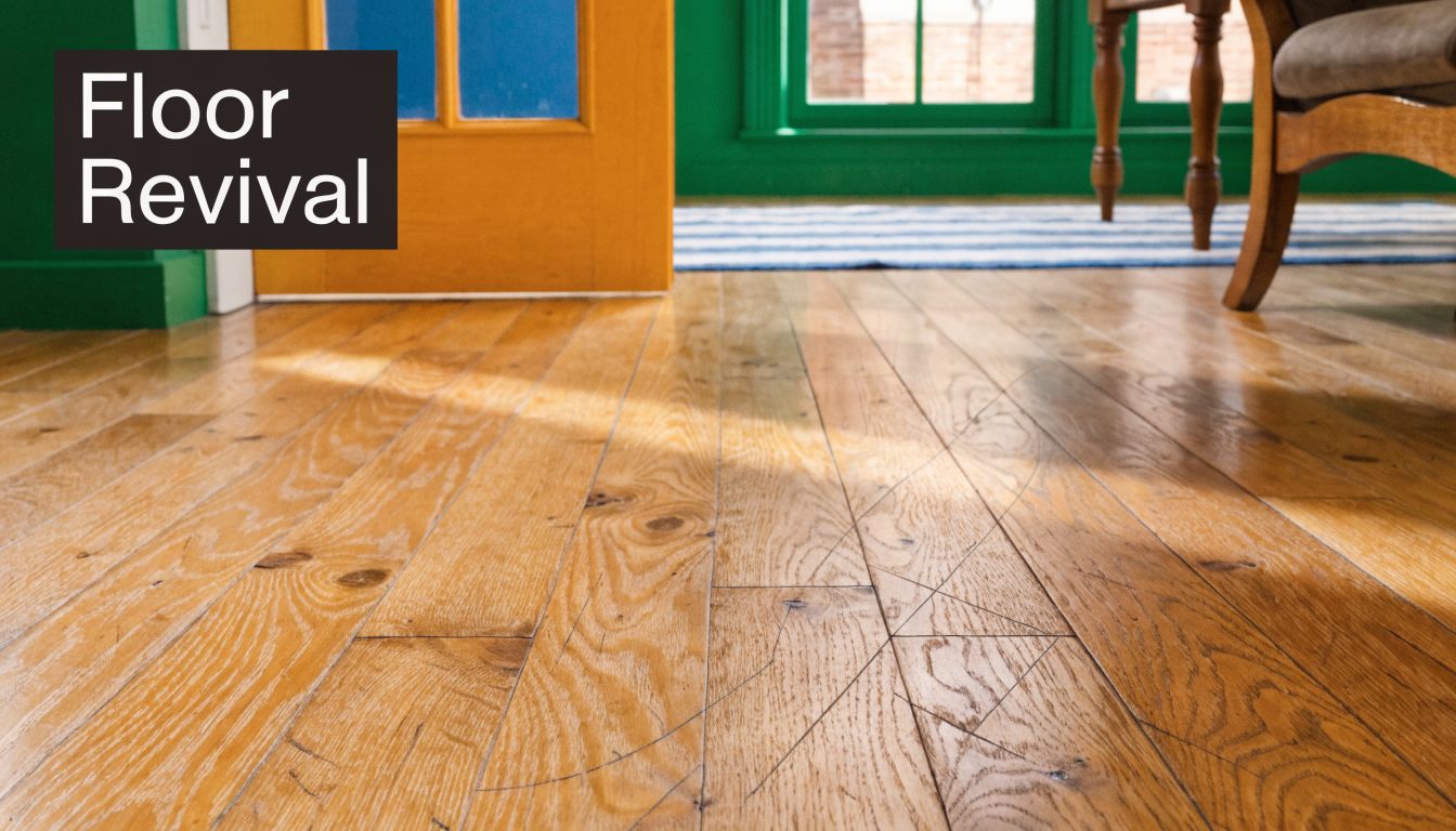 A close-up view of worn wooden floorboards with visible scratches in a home with colorful decor.