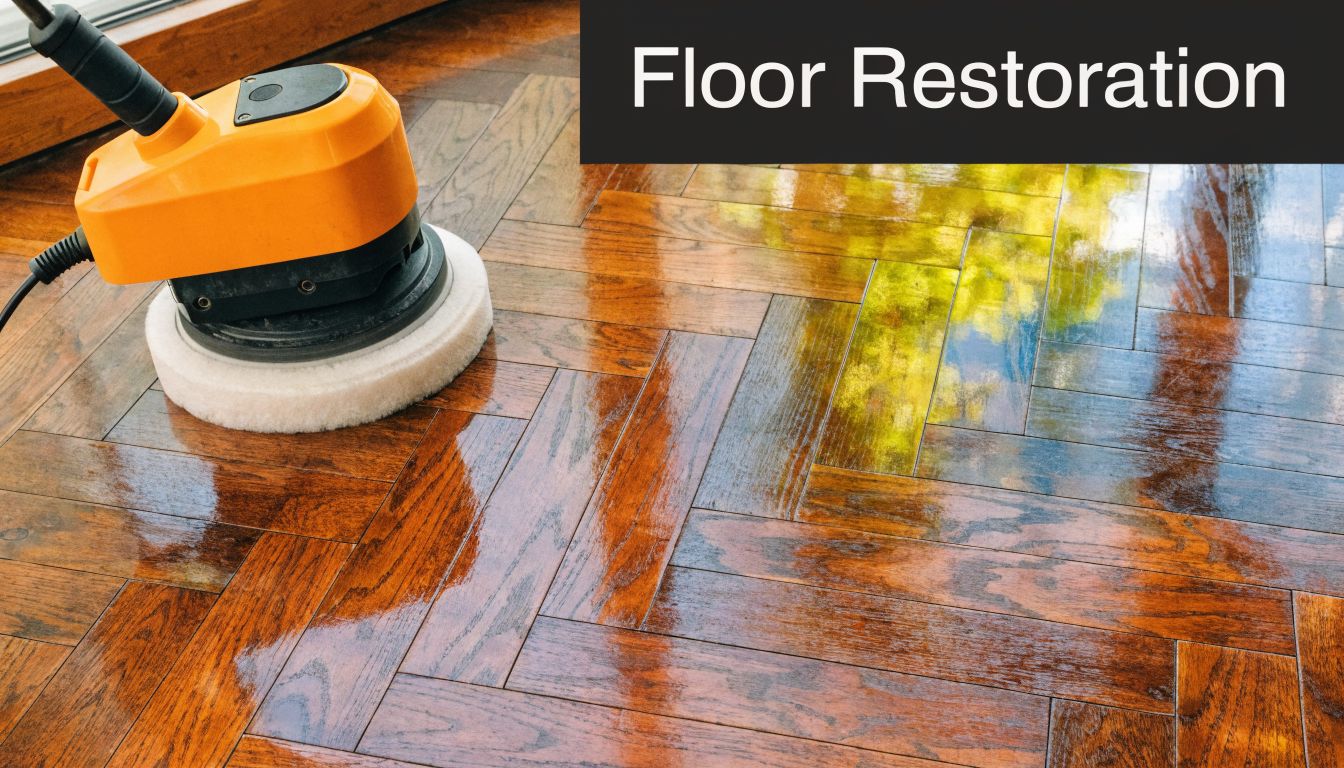 A professional floor buffer machine polishes dark cherry wood floors in a herringbone pattern with a reflective sheen.
