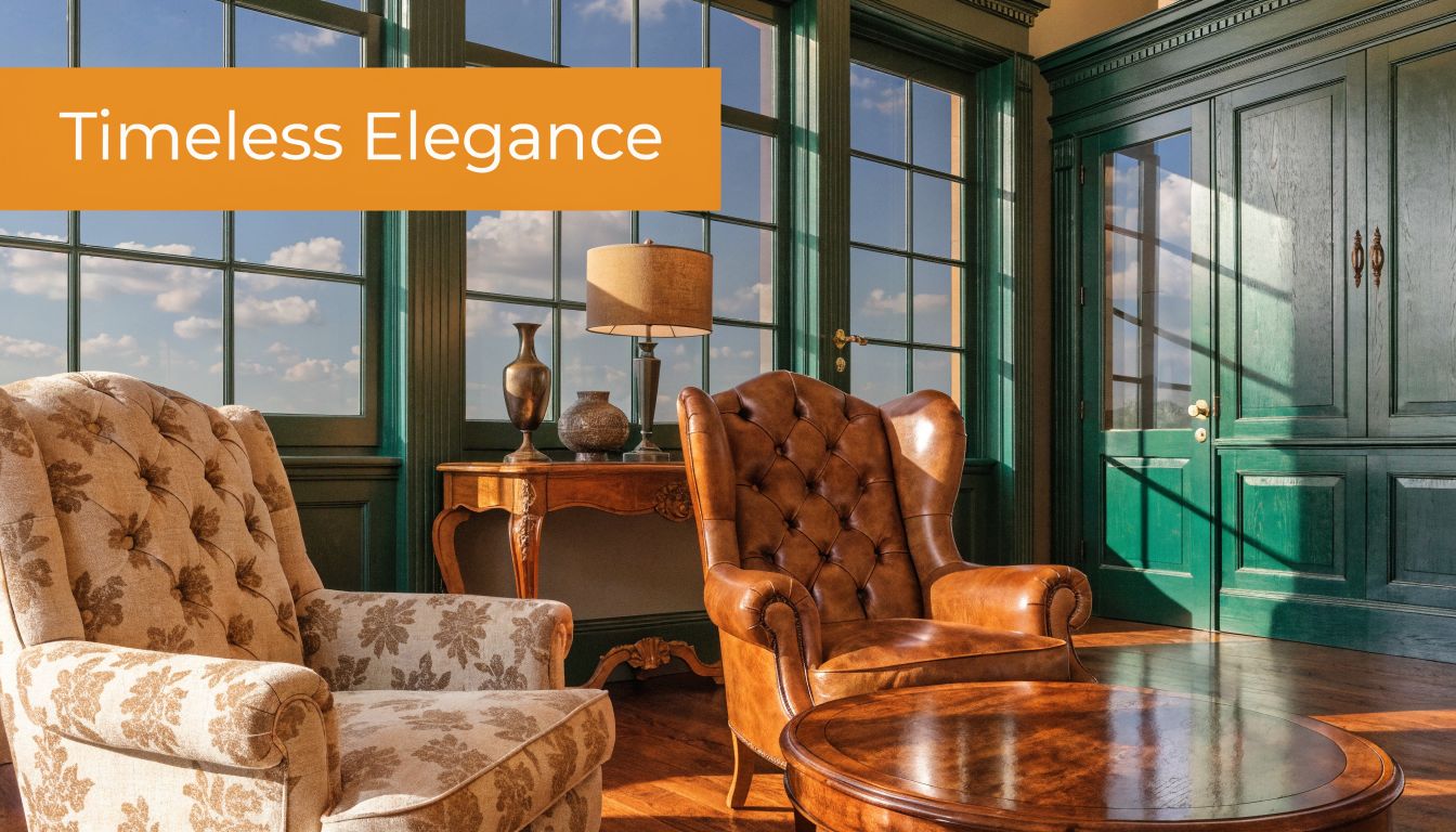 A luxurious room featuring a brown leather chair, patterned fabric chair, and classic dark cherry wood floors.