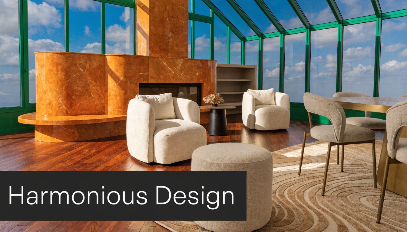 A luxurious sunroom with dark cherry wood floors, a marble fireplace, and elegant cream-colored furniture.