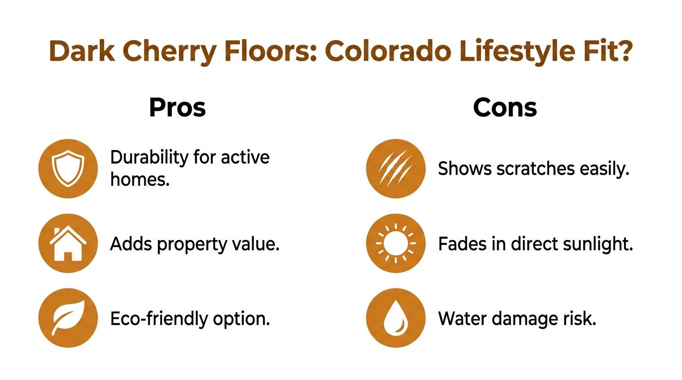 A comparison infographic listing the pros and cons of installing dark cherry wood floors in homes.