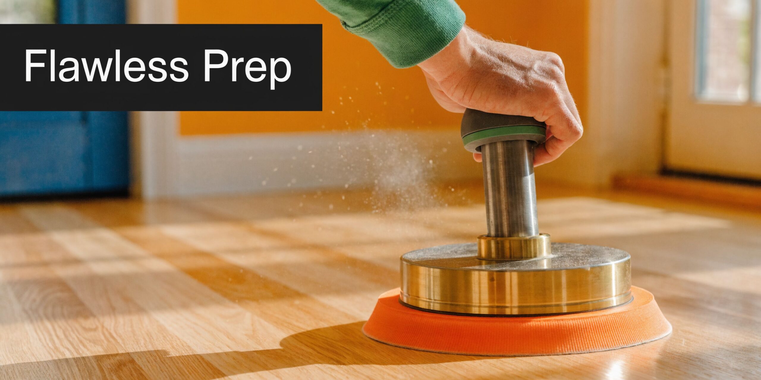 A hand using a handheld floor sander to prep a light wood floor for finishing.