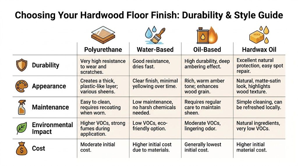 A comparison chart outlining the durability, appearance, maintenance, environmental impact, and cost of four hardwood floor finishes.