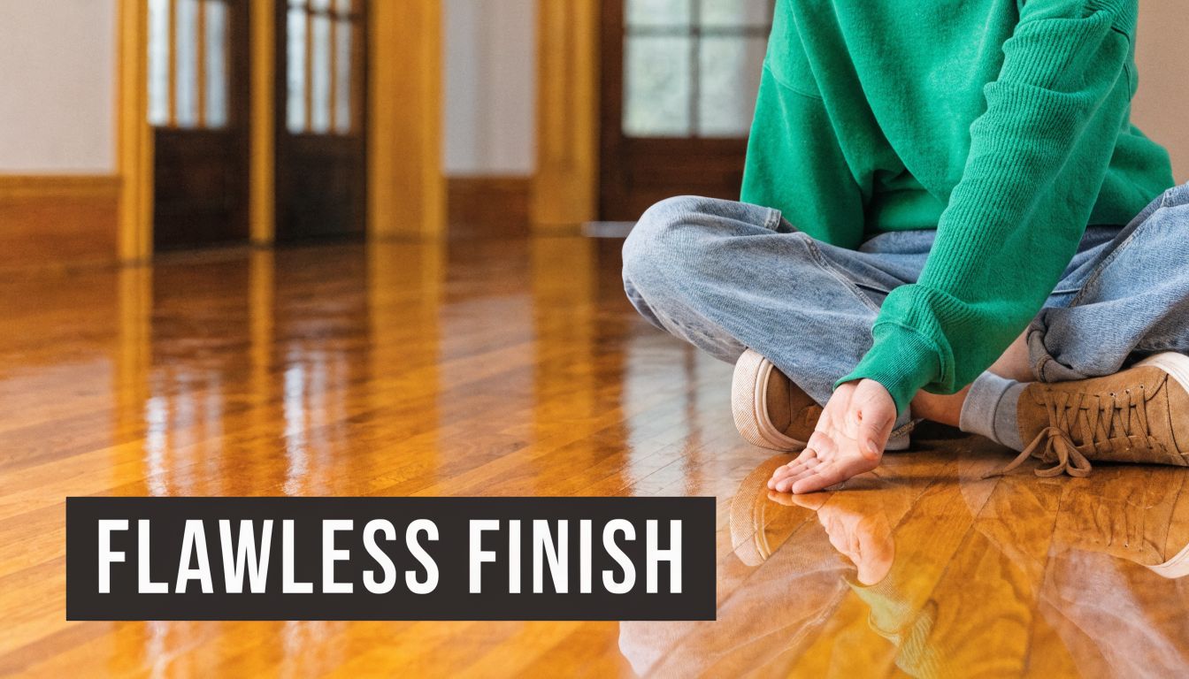 A person sitting on a highly polished hardwood floor with a flawless wood finish reflection.