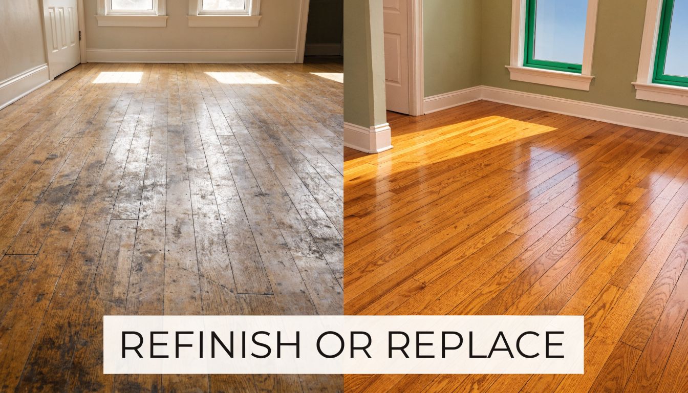A side-by-side comparison of old, worn wooden flooring and newly refinished, shiny hardwood flooring in a room.