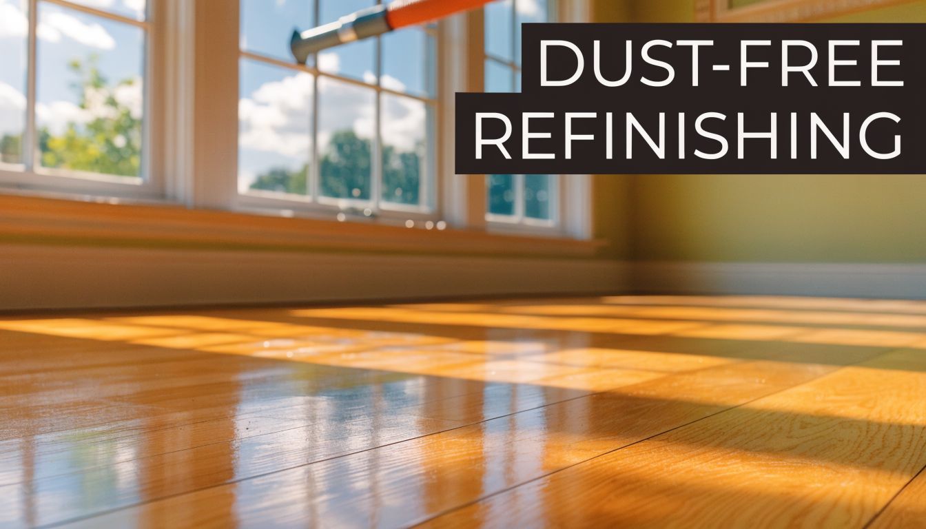 A close-up view of freshly refinished hardwood floors with sunlight streaming through large windows.
