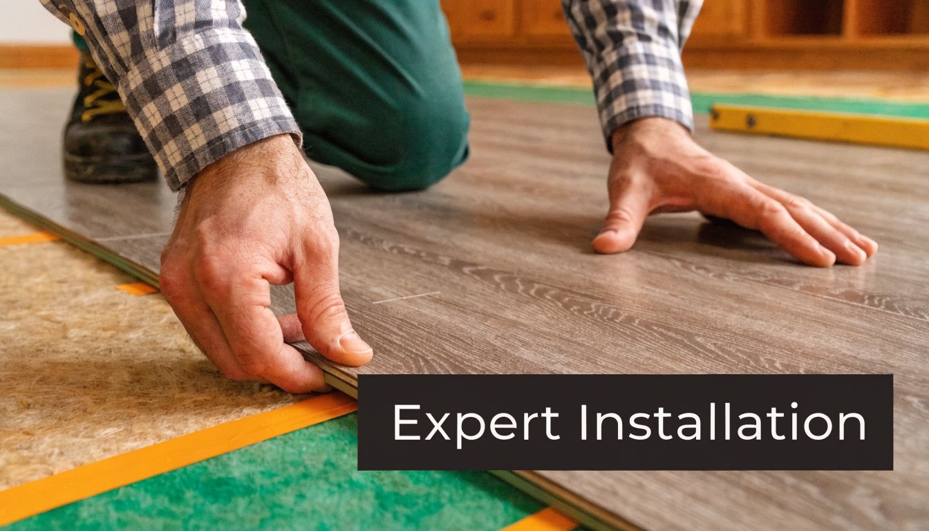 A professional flooring installer carefully laying down grey vinyl plank flooring on top of an underlayment.
