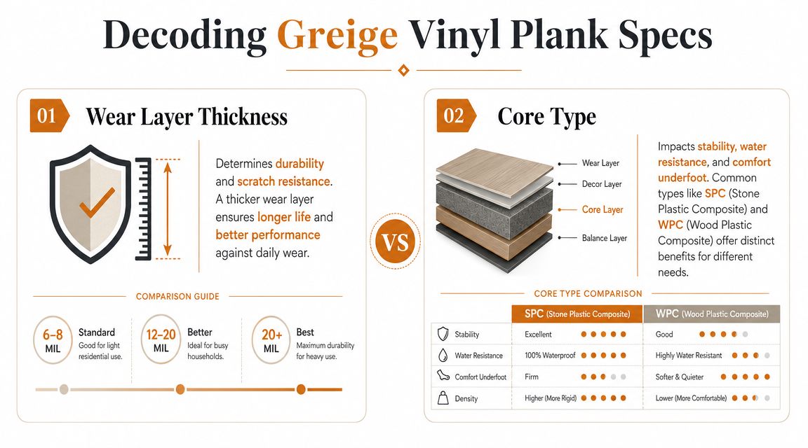 An infographic titled Decoding Greige Vinyl Plank Specs comparing wear layer thickness and core types for flooring.