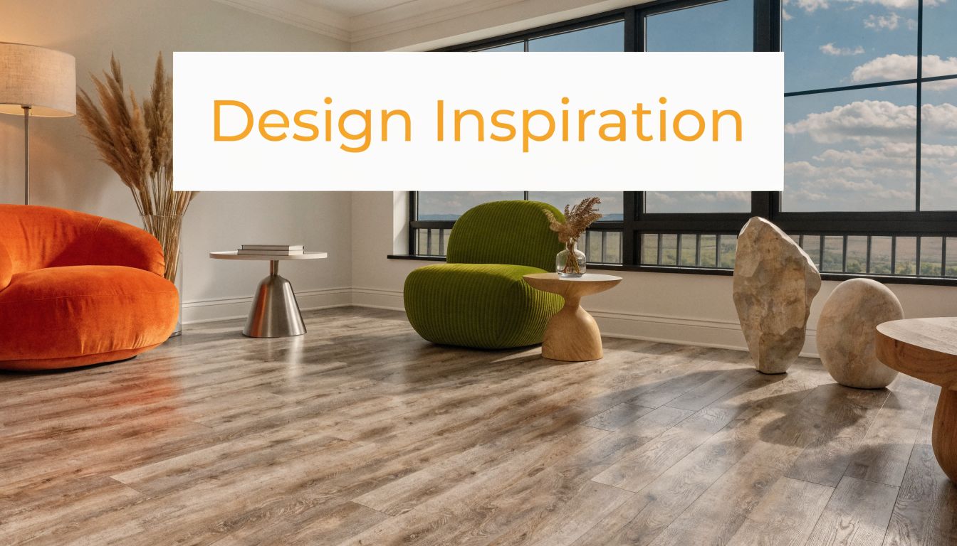 A modern living room featuring greige vinyl plank flooring, colorful accent chairs, and natural decor elements.