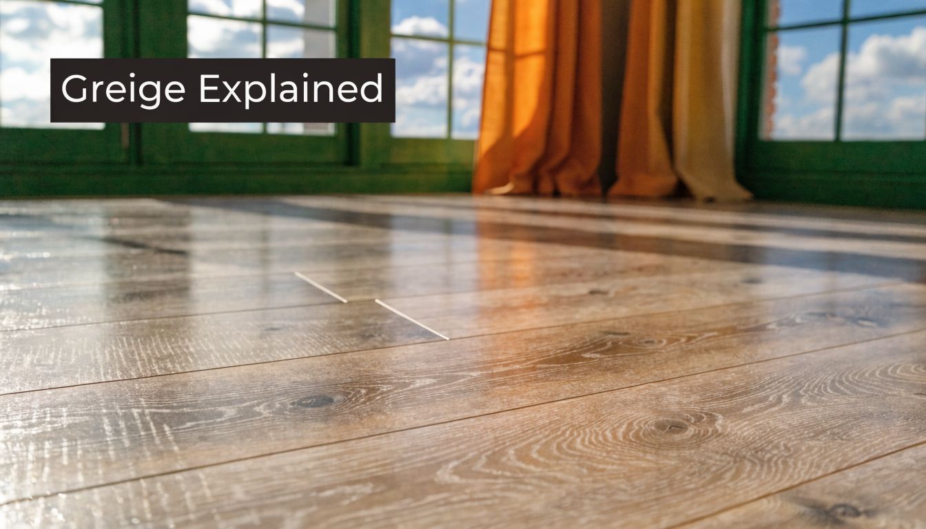 A close-up view of greige vinyl plank flooring featuring a realistic wood grain texture and reflective finish.