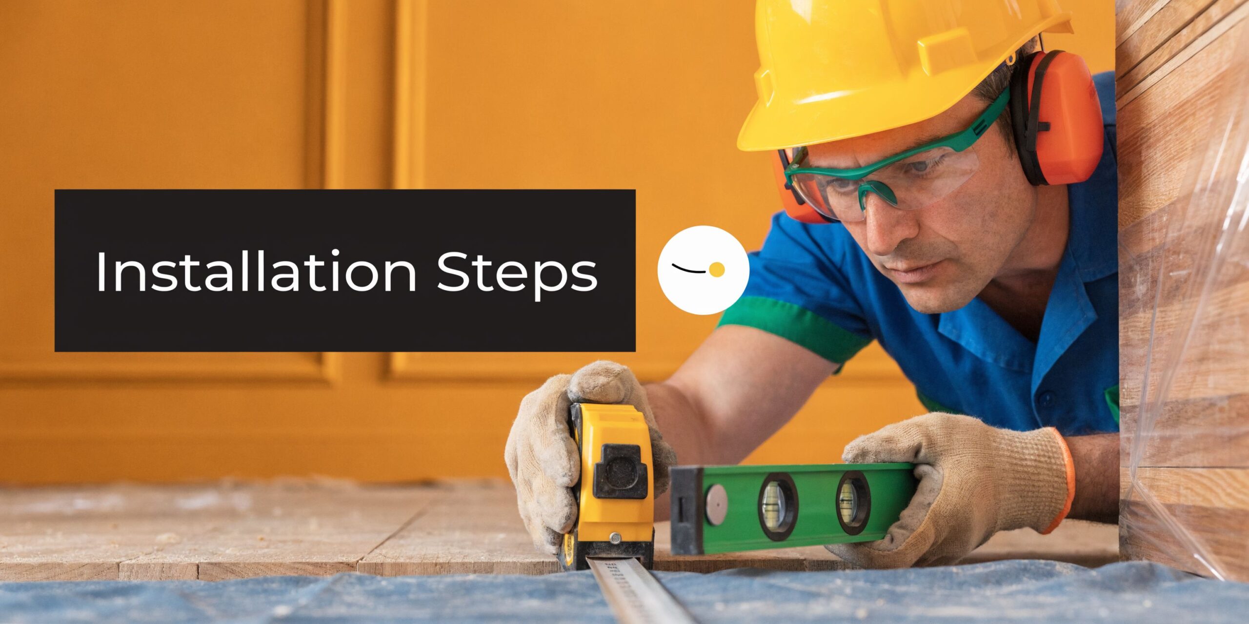A professional construction worker wearing safety gear measuring a hardwood floor installation project in a room.