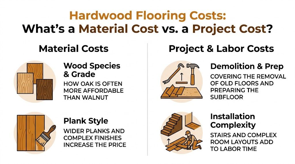 A chart comparing material costs and project labor costs for installing hardwood flooring in a home.
