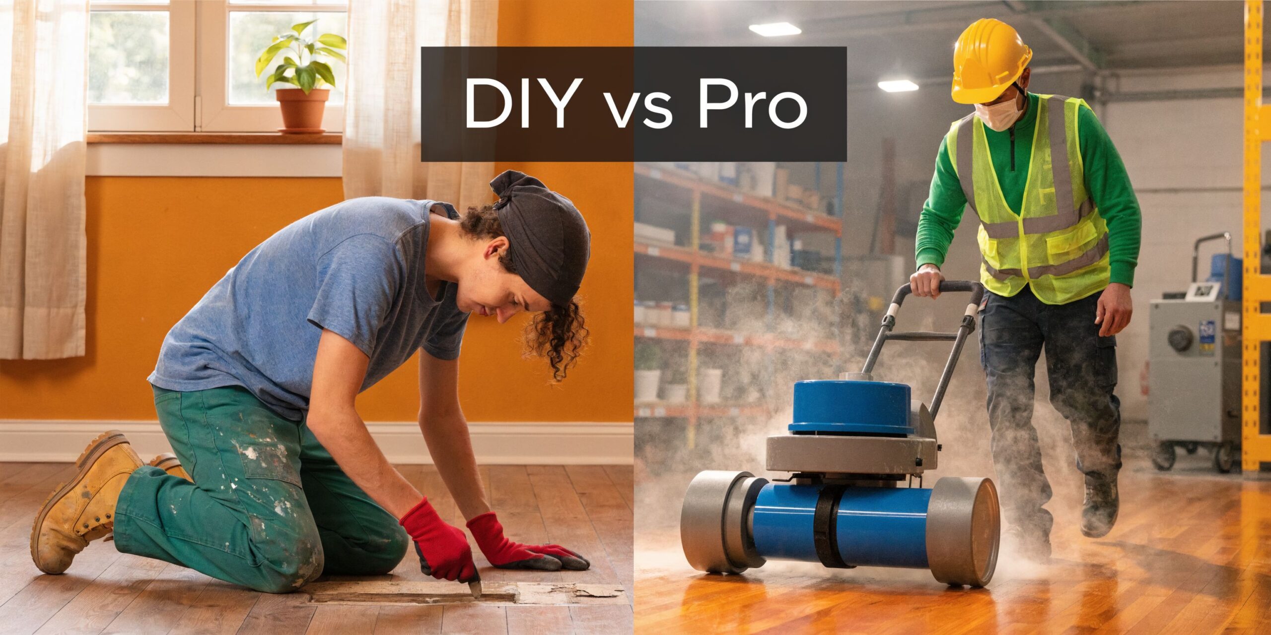 A split image comparing a DIY person cutting floorboards with a professional refinishing hardwood floors with machinery.