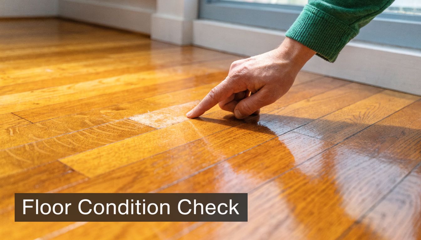 A person pointing at a damaged spot on a polished hardwood floor needing professional repairs.