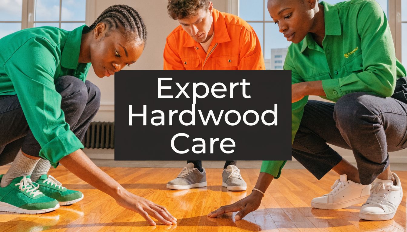Three professional technicians inspecting a polished hardwood floor surface for quality and maintenance needs.