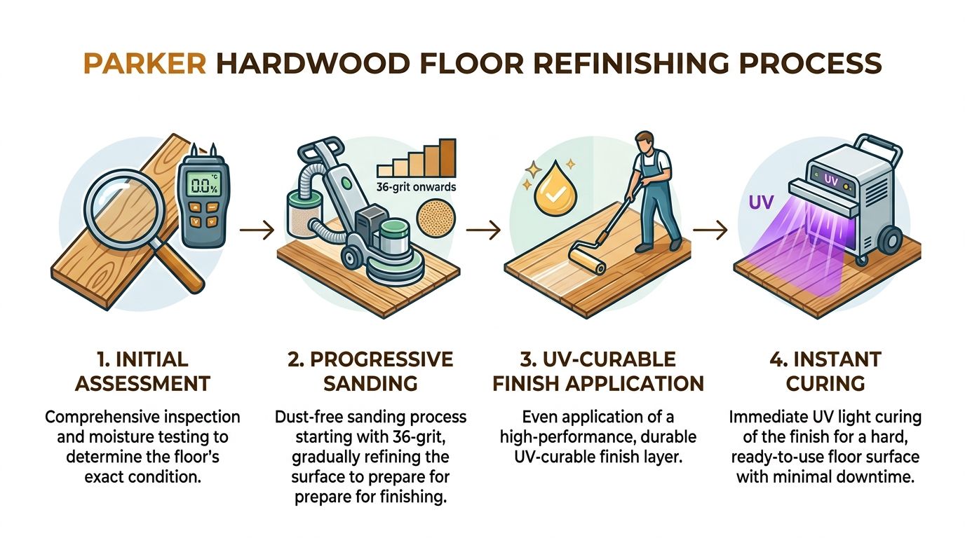 A four-step infographic illustrating the Parker hardwood floor refinishing process from initial assessment to UV curing.