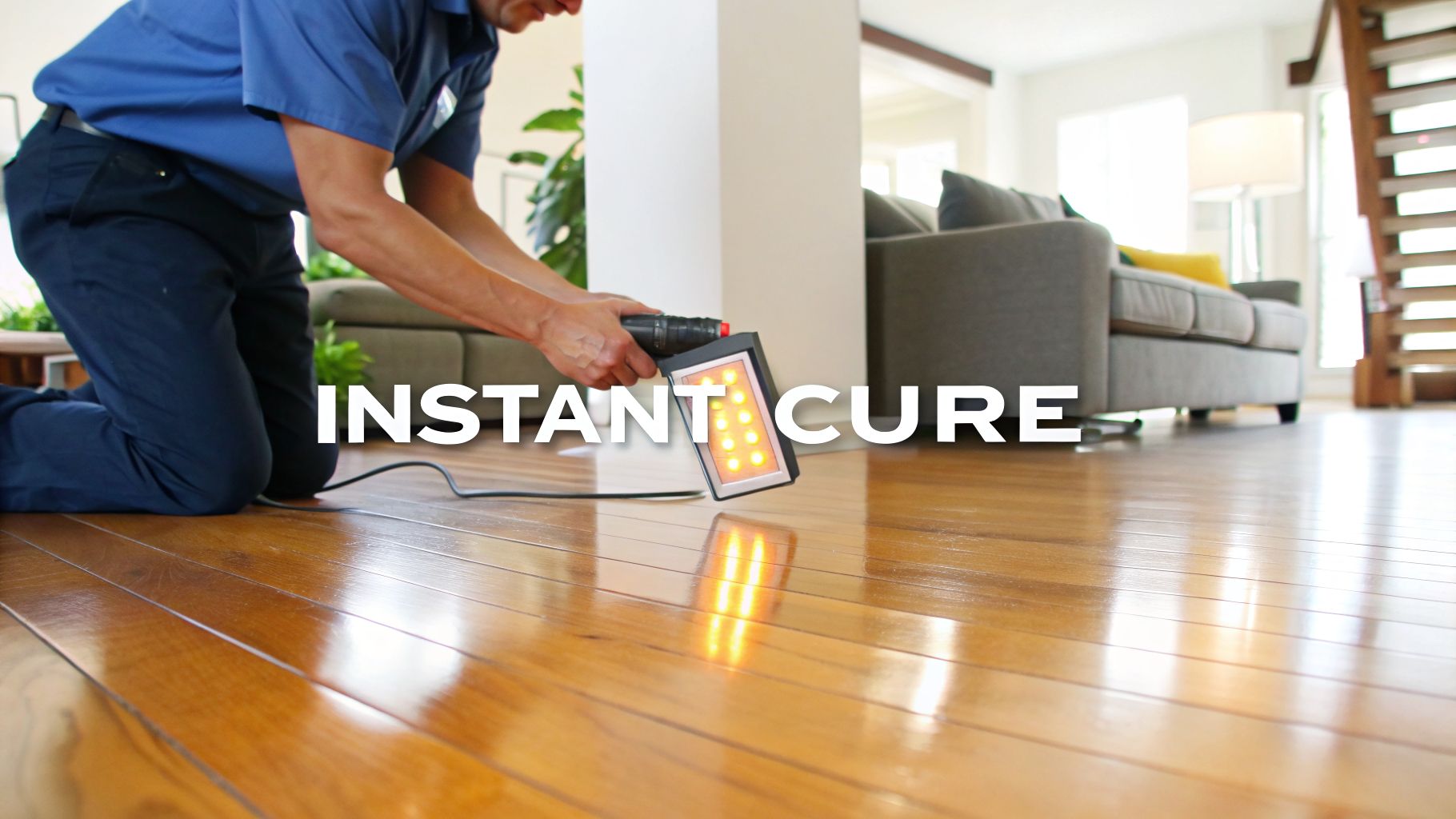 A technician uses a UV light device to instantly cure a beautiful hardwood floor.