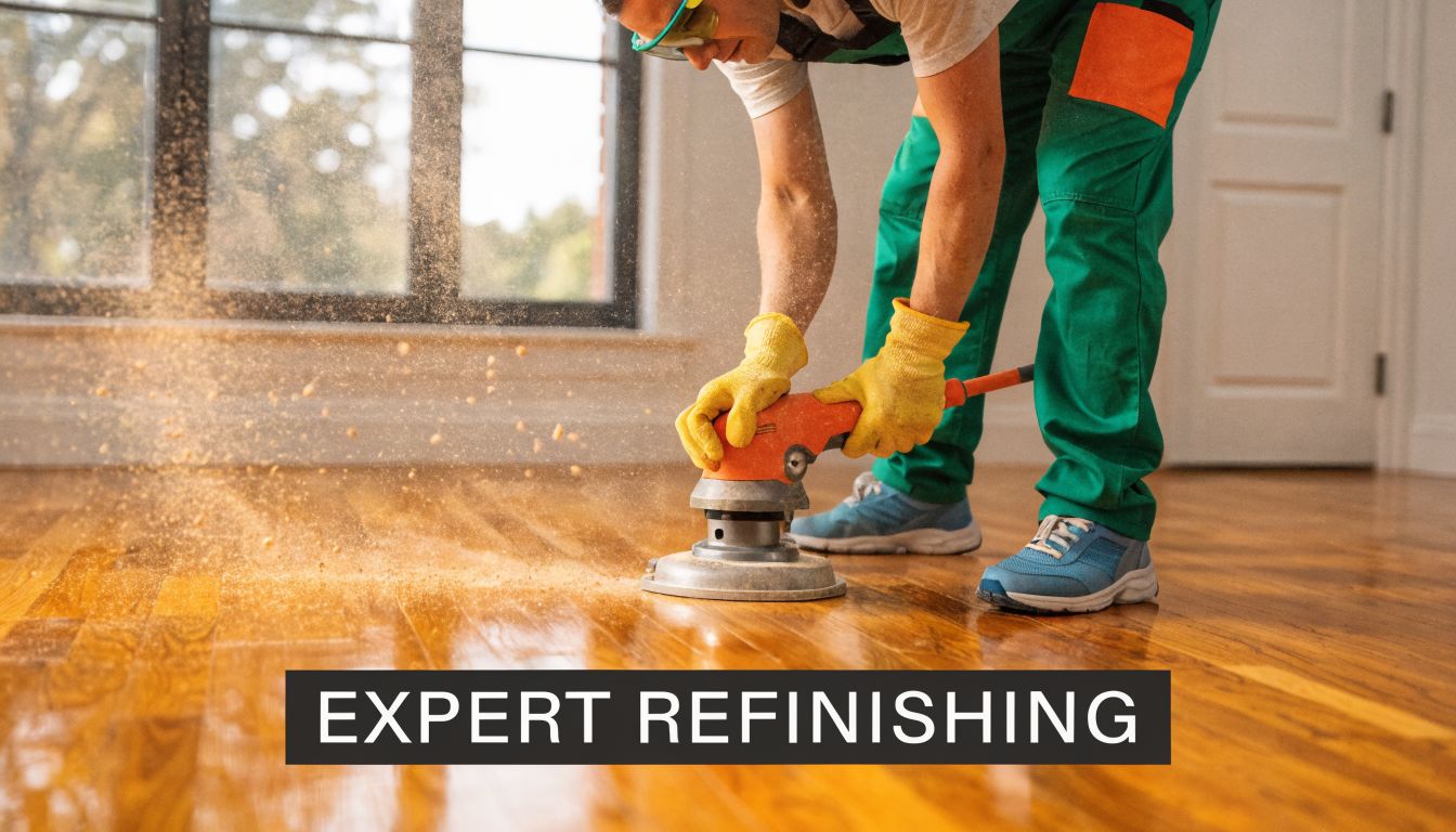 A professional construction worker uses a power sander to refinish wooden flooring in a residential interior space.