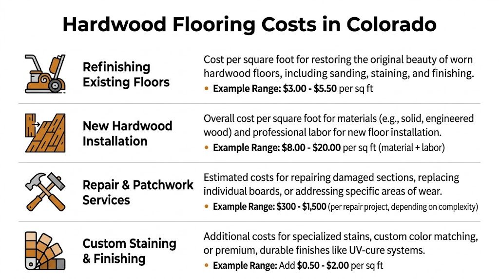 A chart showing estimated hardwood flooring service costs, including refinishing, installation, repairs, and custom staining in Colorado.