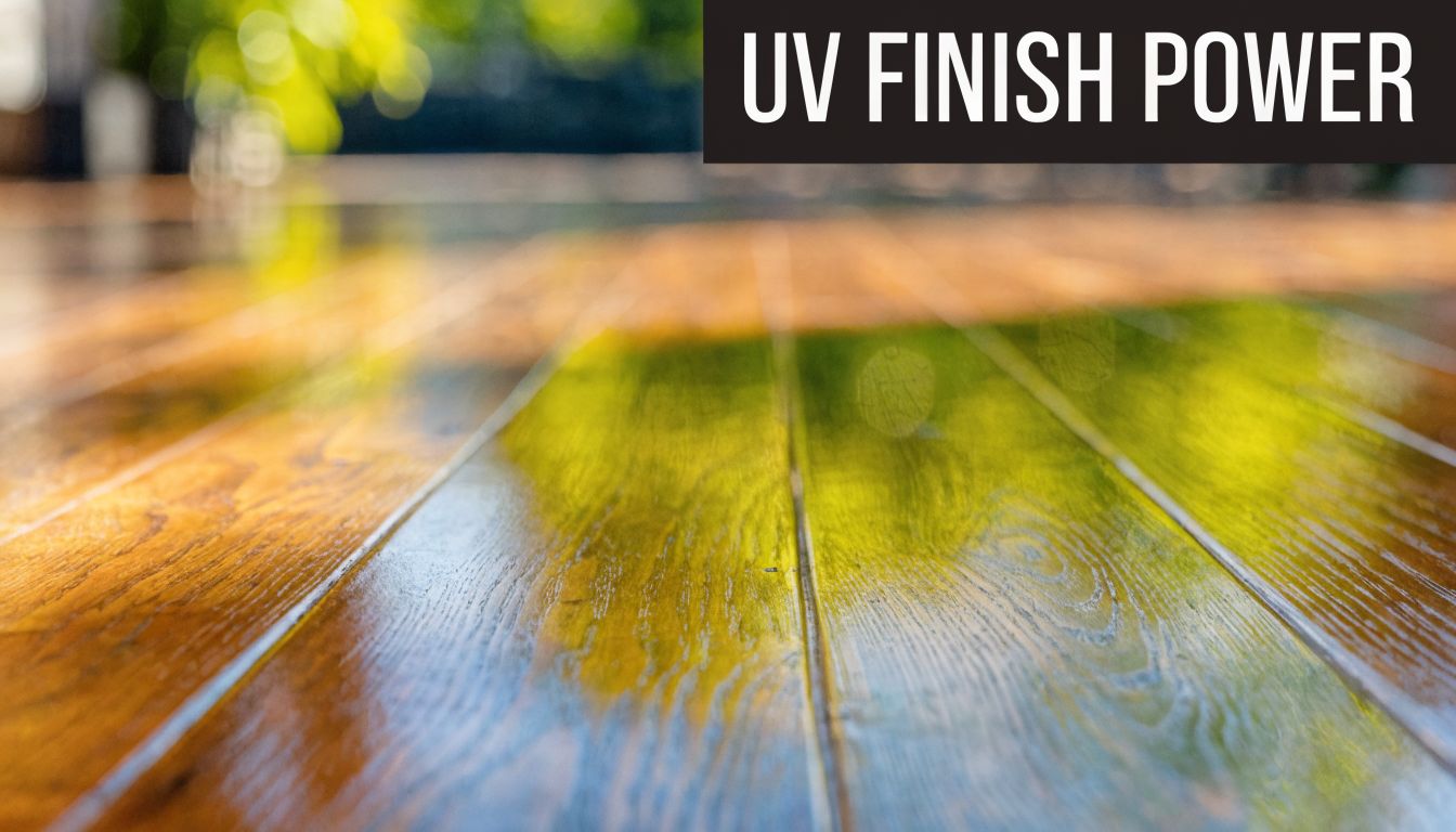 A close-up view of polished hardwood flooring featuring a high-gloss finish reflecting natural light and greenery.