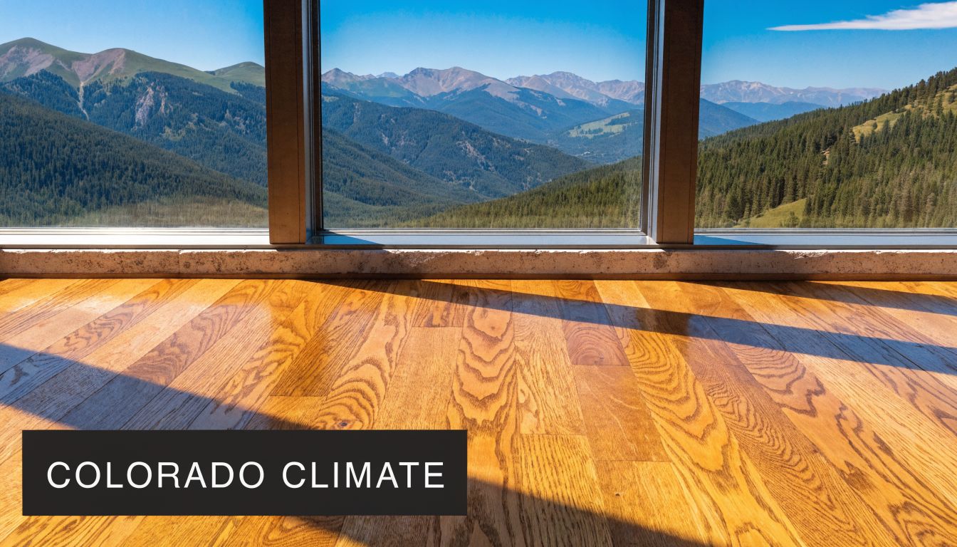 A view through a large window looking out at scenic Colorado mountains from a hardwood floor room.