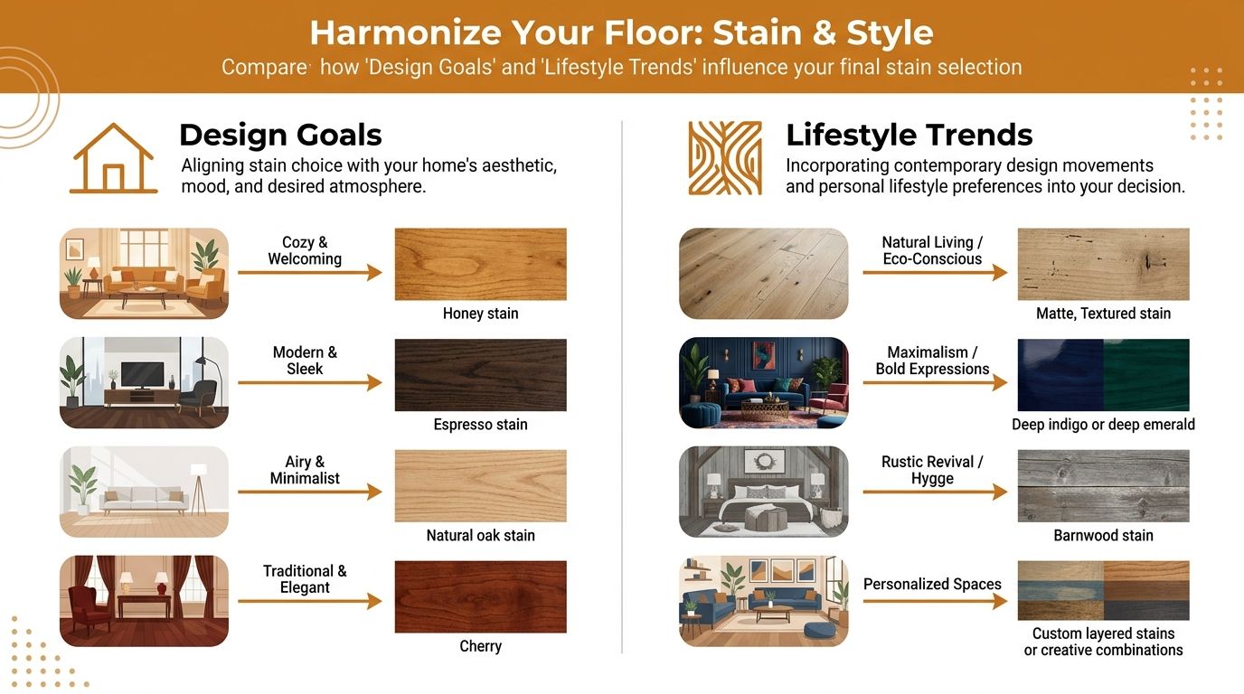 A comparison chart showing how design goals and lifestyle trends help homeowners choose hardwood floor stain colors.