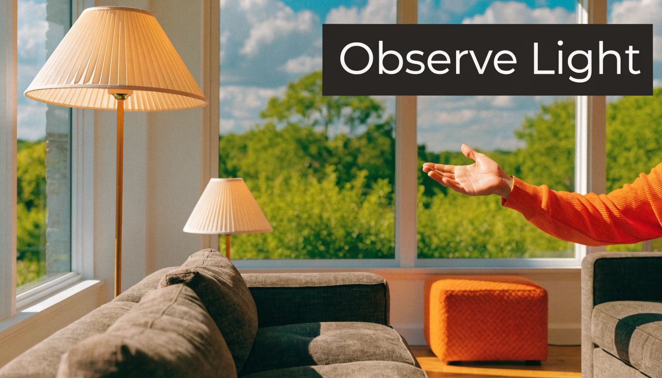 A person in an orange sweater gestures towards a sunny living room with lamps and furniture.