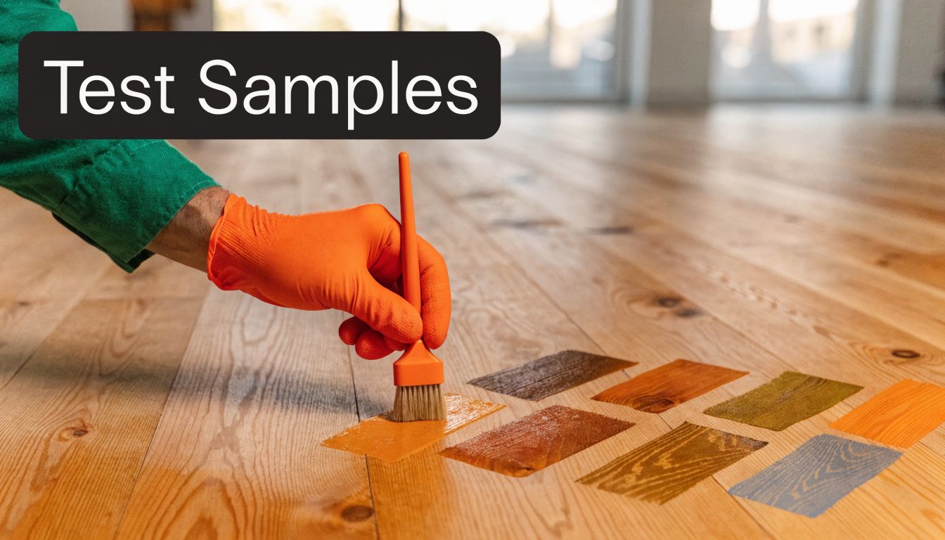 A gloved hand uses a brush to apply a sample stain color onto natural hardwood flooring planks.