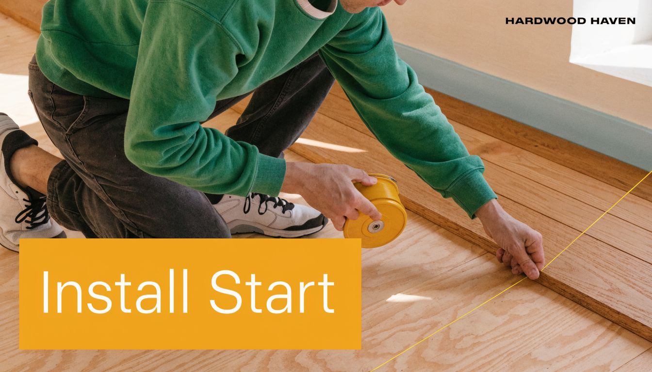 A professional flooring installer kneels while using a yellow chalk line tool to mark the hardwood floor.