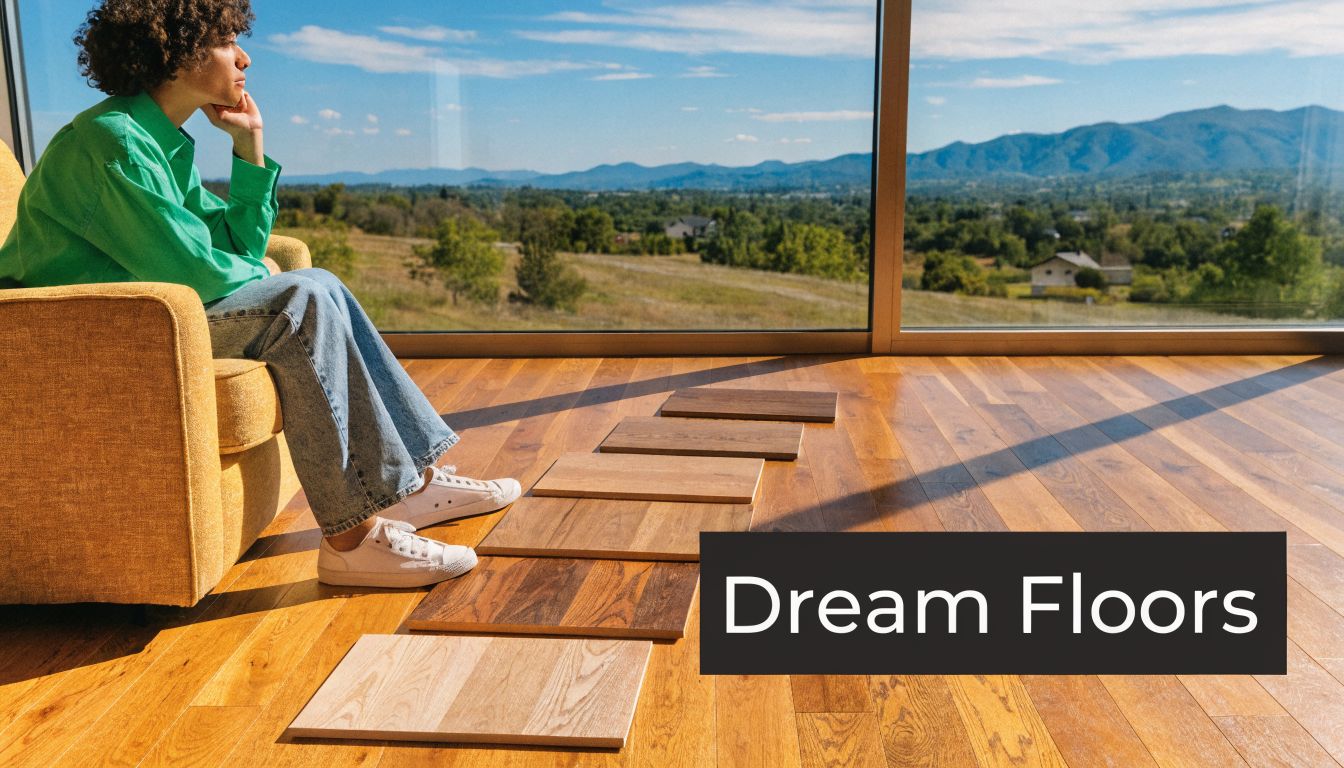 A person sitting in a chair looking at various hardwood flooring samples on a wooden floor.