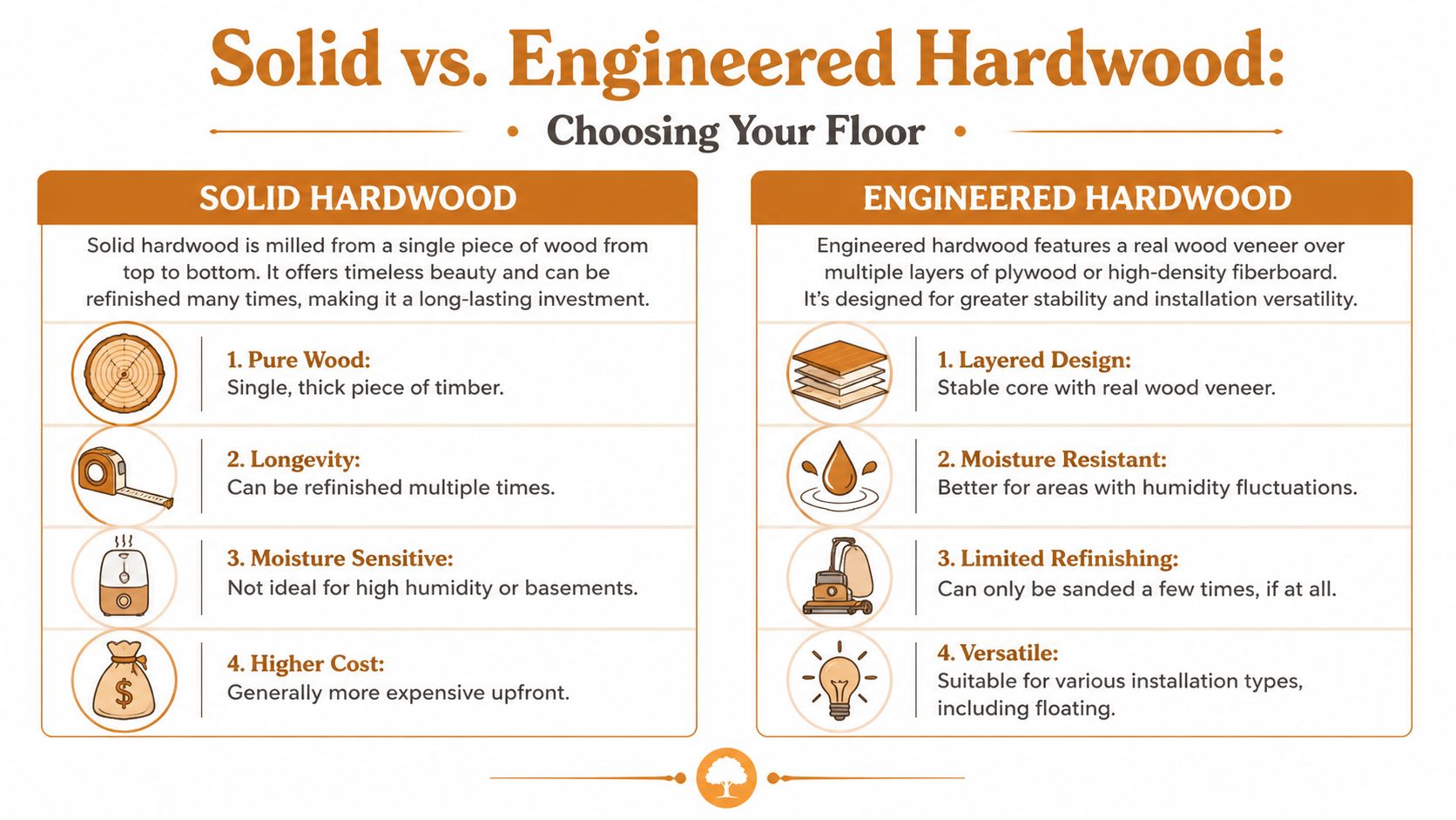 A comparison chart outlining the key differences between solid and engineered hardwood flooring for home installation.
