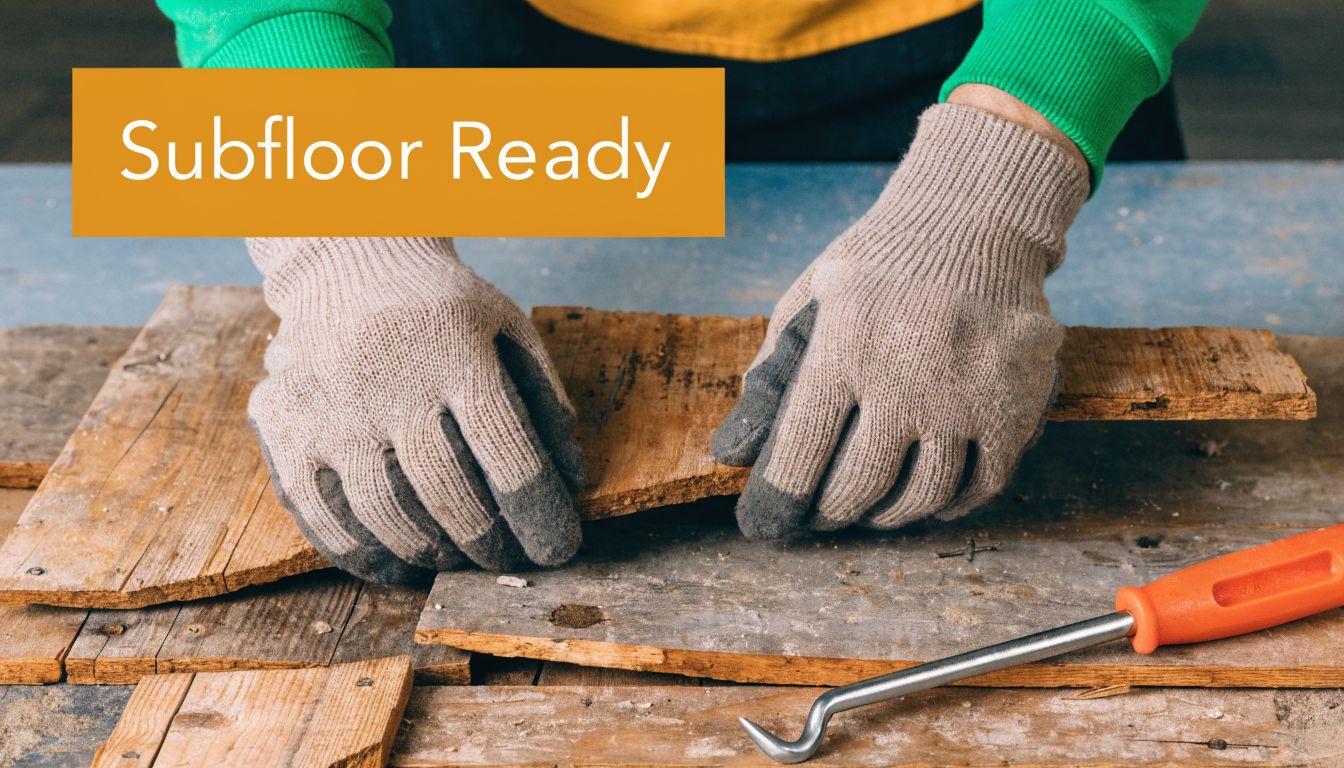 A person wearing protective gloves preparing damaged wooden floorboards for a hardwood floor installation project.