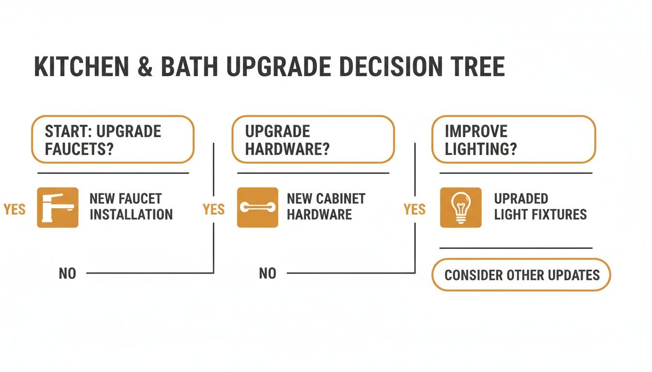 A decision tree guiding kitchen and bath upgrades, focusing on faucets, hardware, and lighting.