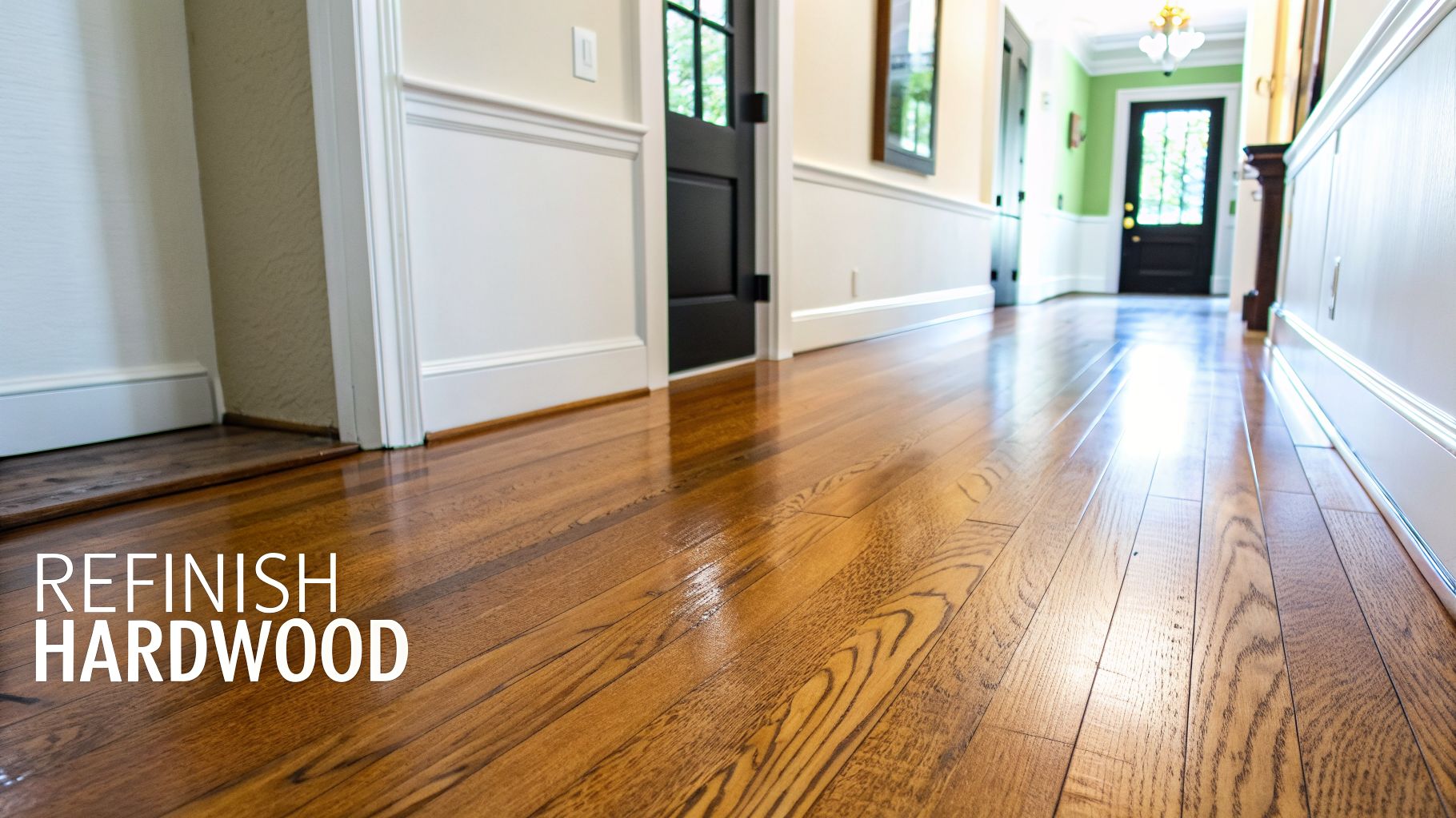 Refinished shiny hardwood floors extending down a long hallway with white wainscoting.