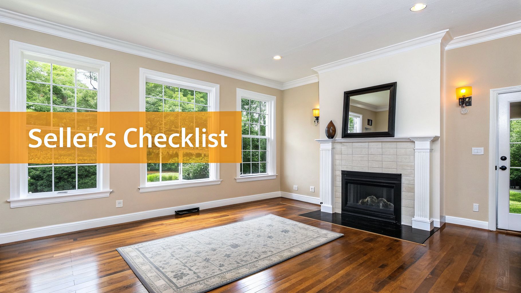 A spacious, empty living room with hardwood floors, a fireplace, and large windows. An orange banner reads 'Seller's Checklist'.