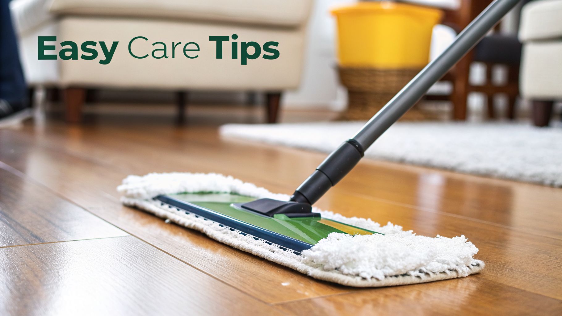 A flat mop cleans a shiny laminate floor, illustrating easy care tips for flooring.