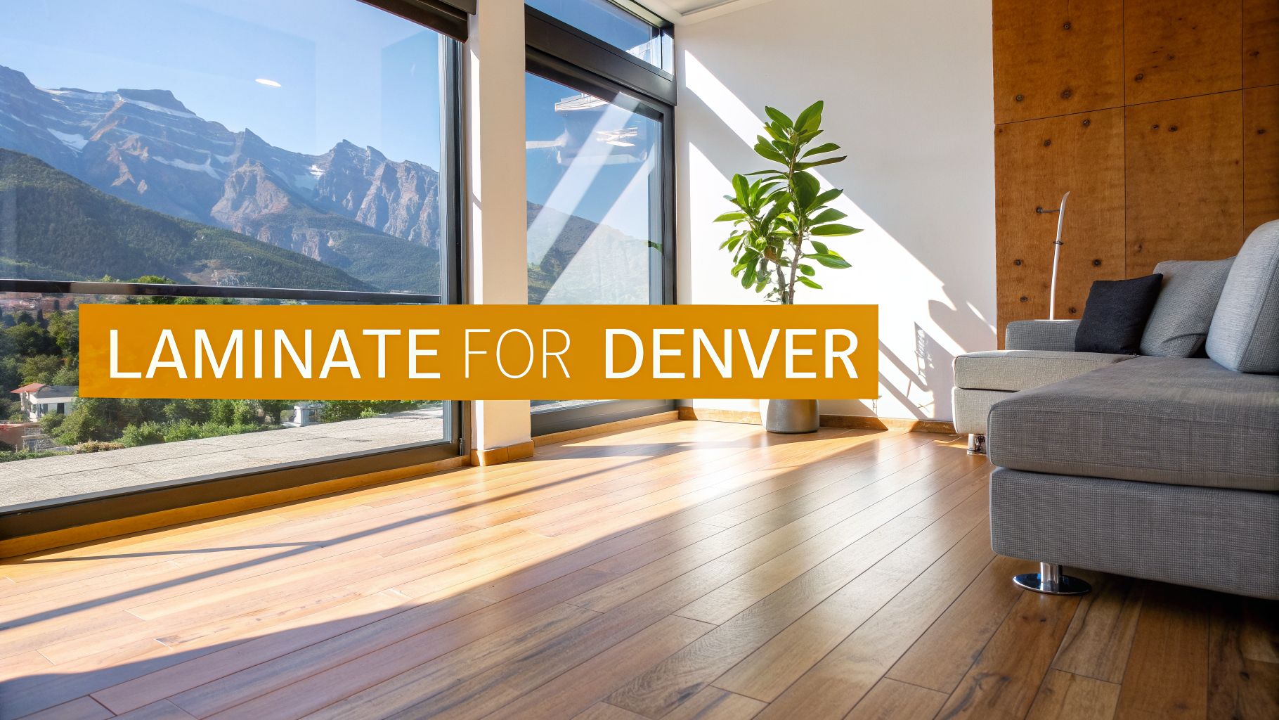 A bright, modern living room with laminate wood flooring, a grey sofa, and large windows overlooking mountains.