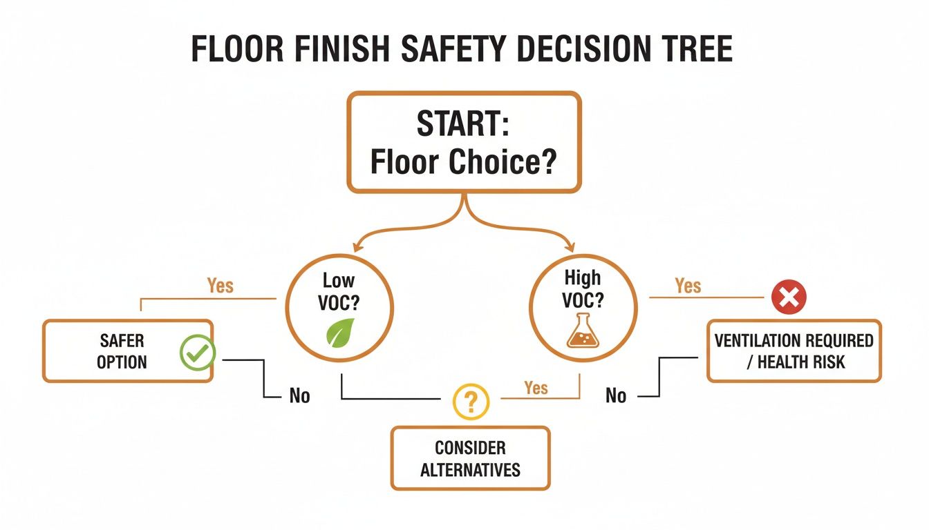 Floor finish safety decision tree: choose low VOC for a safer option, avoid high VOC due to health risks.